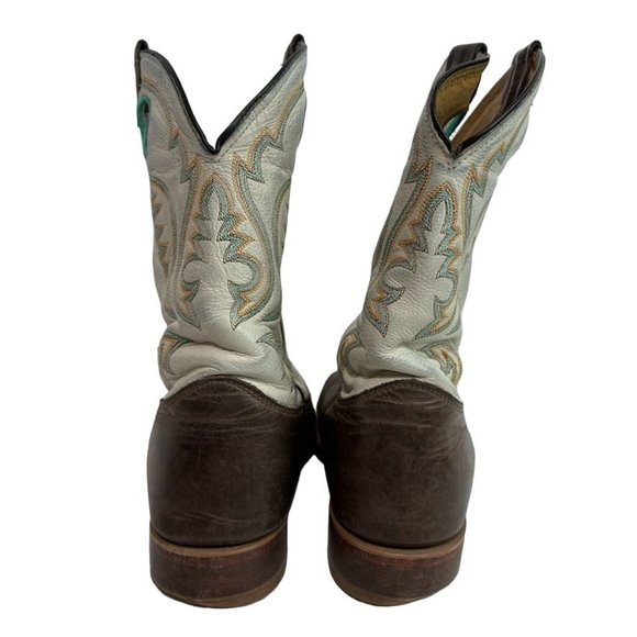 JUSTIN Bent Rail Boots BR313 Brown White w Turquoise Western Square Toe Mens 11 - Picture 9 of 14
